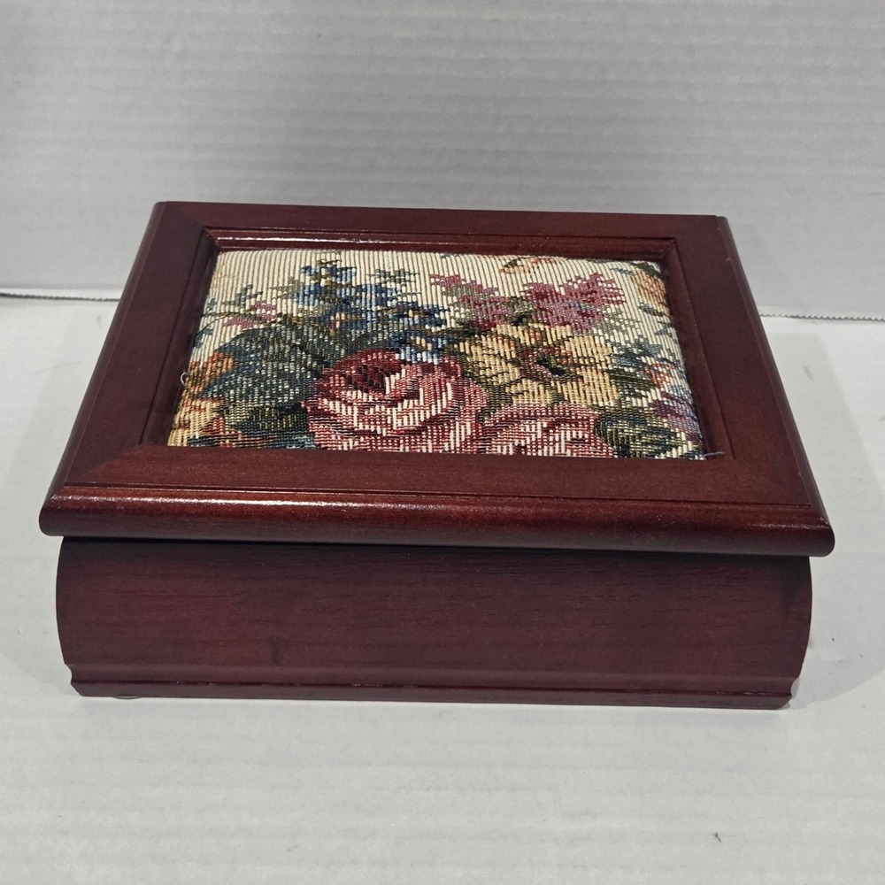 Vintage Floral Tapestry Wooden Jewelry Box Mirror Cherry Finish Ring Organizer